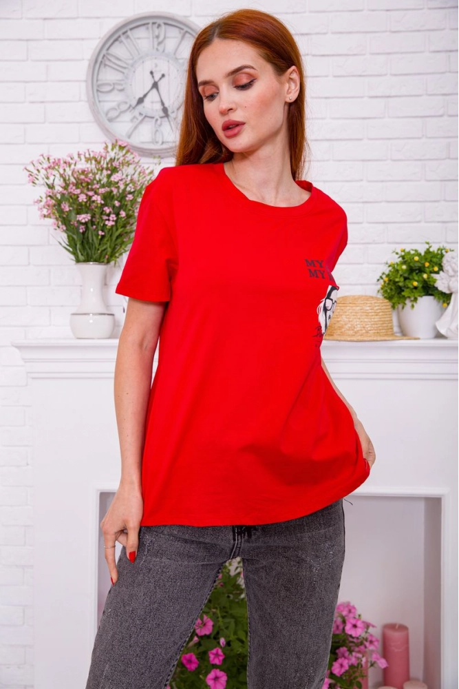 Купить Свободная женская футболка красного цвета с принтом 198R008 - Фото №1