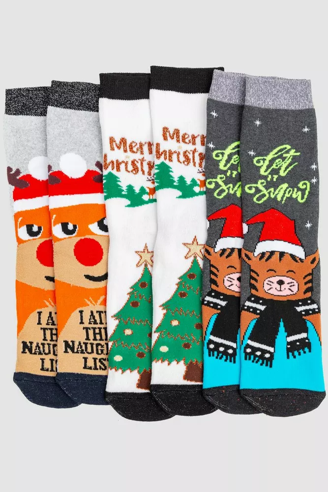 Купити Комплект жіночих шкарпеток новорічних 3 пари, колір світло-сірий, темно-сірий, білий, 151R252 - Фото №1