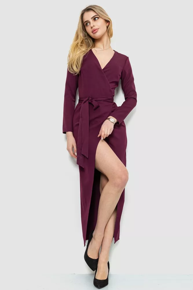 Купити Сукня на запах однотонна, колір бордовий, 214R388 - Фото №1