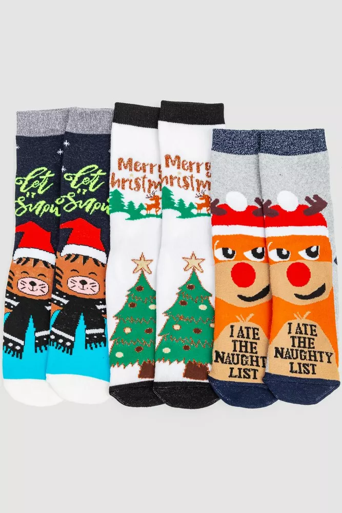 Купити Комплект жіночих шкарпеток новорічних 3 пари, колір темно-синій, білий, світло-сірий, 151R253 оптом - Фото №1