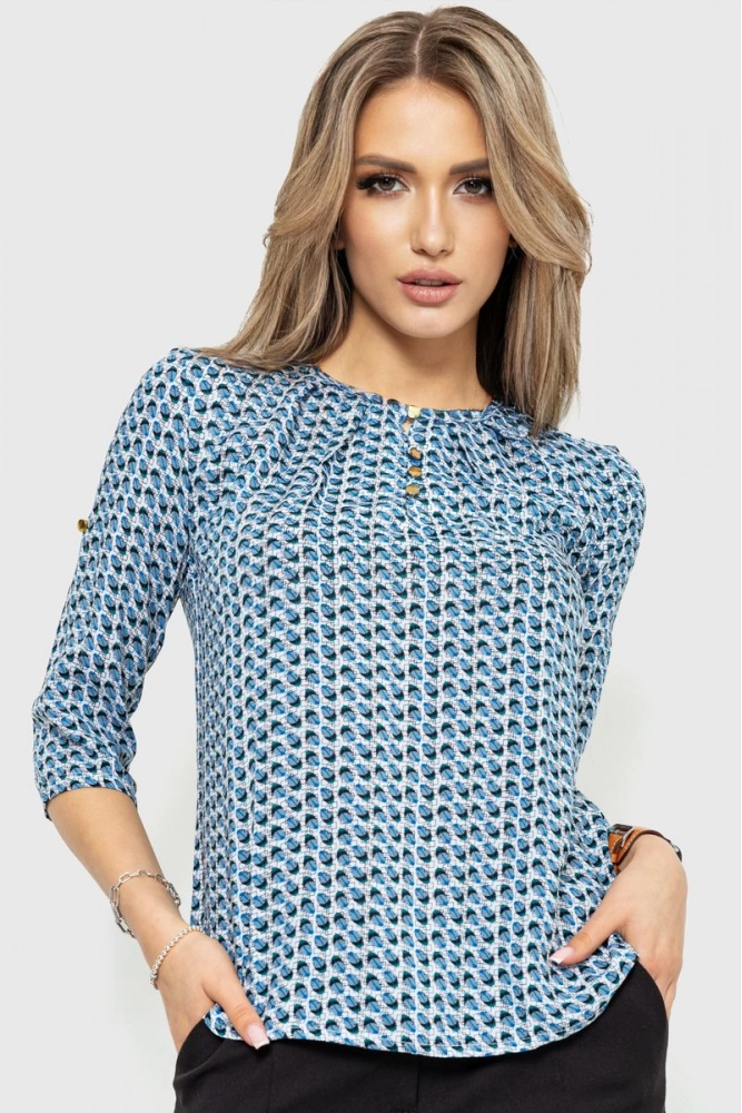 Купити Блуза з принтом, колір молочно-синій, 230R1122-1 оптом - Фото №1