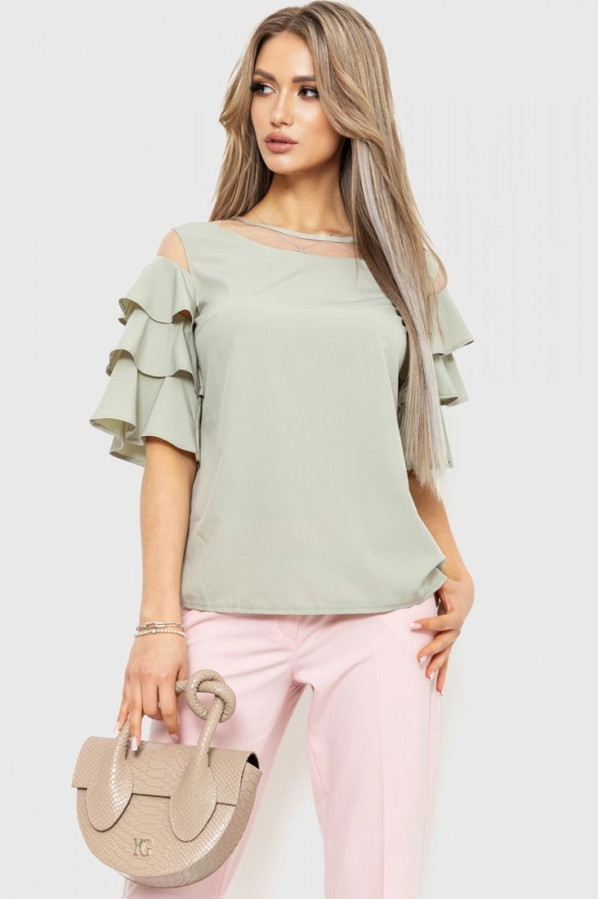 Купити Блуза однотонна, колір світло-оливковий, 230R151-6 - Фото №1
