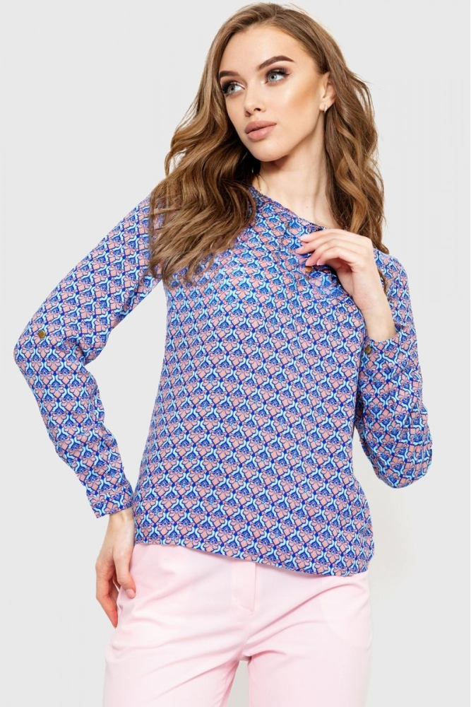 Купити Блуза з принтом, колір пудрово-синій, 230R1122-1 оптом - Фото №1