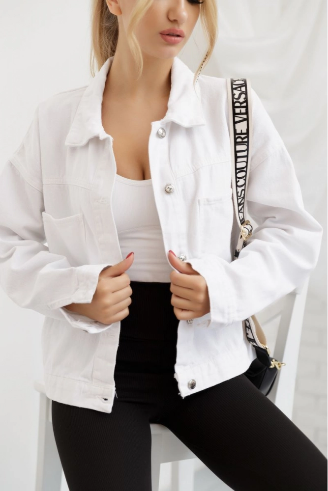 Купить Джинсовая куртка женская однотонная, цвет белый, 157R357 - Фото №1