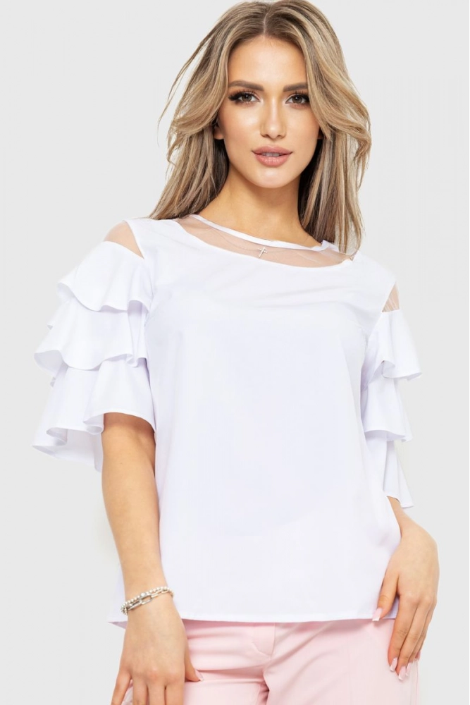 Купити Блуза однотонна, колір білий, 230R151-6 оптом - Фото №1