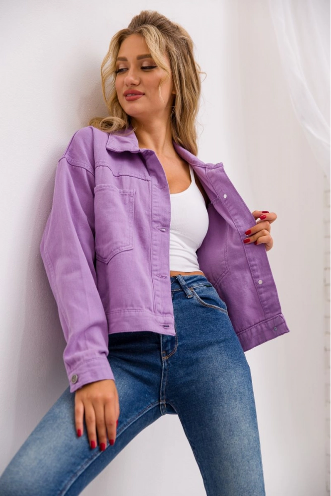 Купить Джинсовая куртка женская однотонная, цвет сиреневый, 157R357 оптом - Фото №1