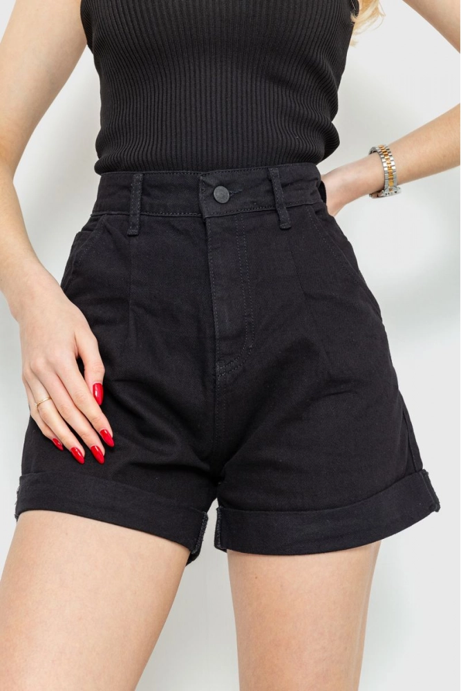 Купити Шорти джинсові жіночі однотонні, колір чорний, 214R4020-4 оптом - Фото №1