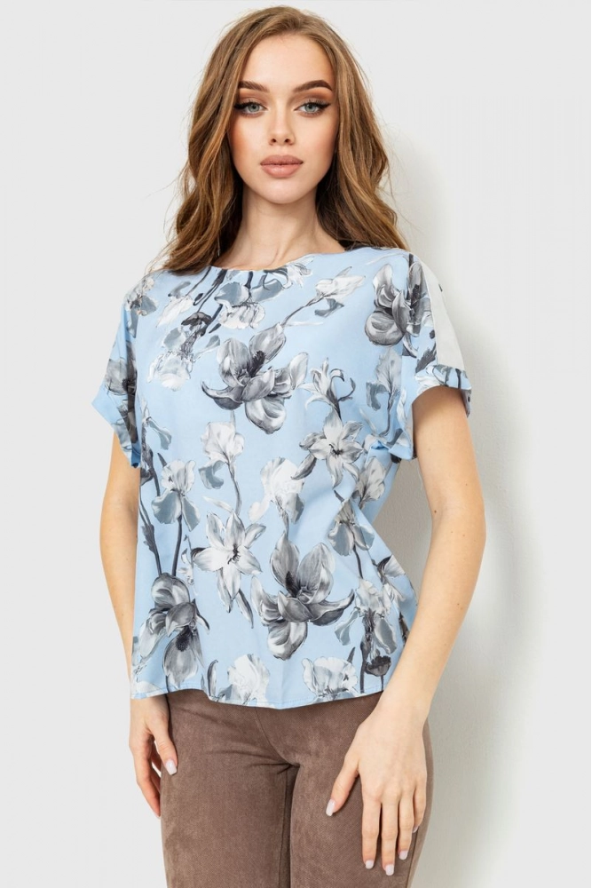 Купити Блуза з квітковим принтом, колір сіро-блакитний, 230R101-3 - Фото №1