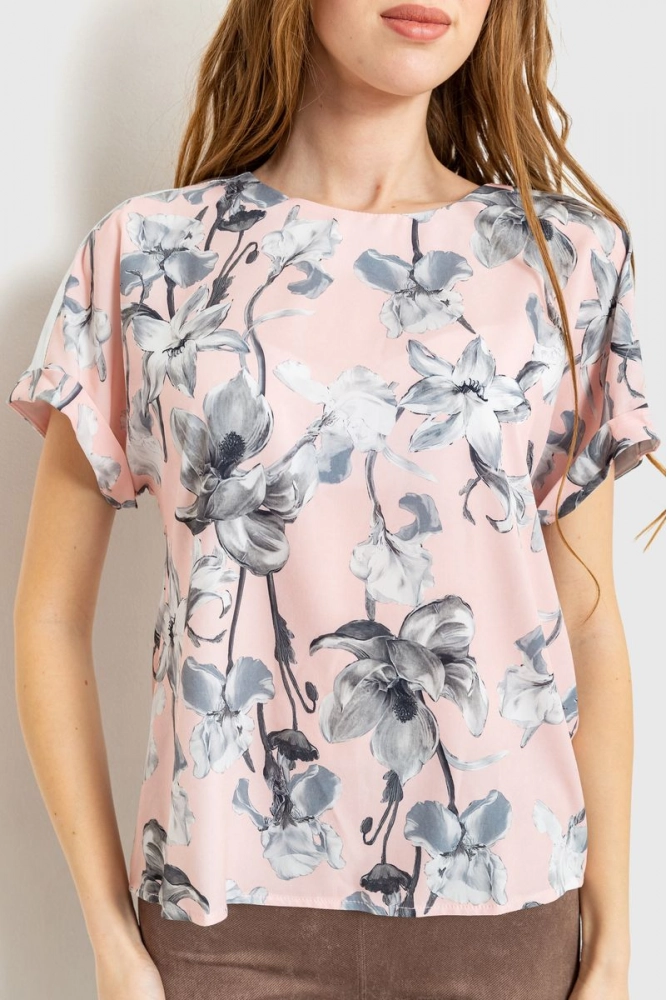 Купити Блуза з квітковим принтом, колір рожево-сірий, 230R101-3 оптом - Фото №1