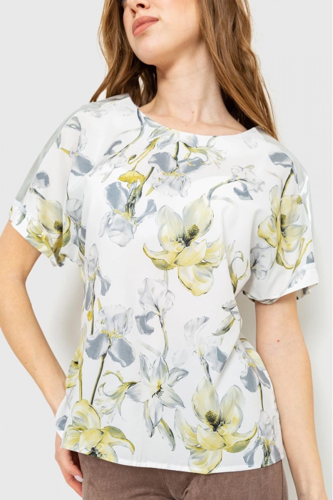 Купити Блуза з квітковим принтом, колір світло-сірий, 230R101-3 оптом - Фото №1