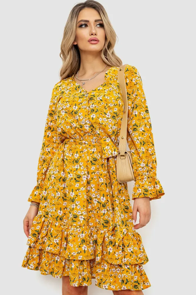 Купити Сукня з квітковим принтом, колір гірчичний, 240R2015-1 - Фото №1