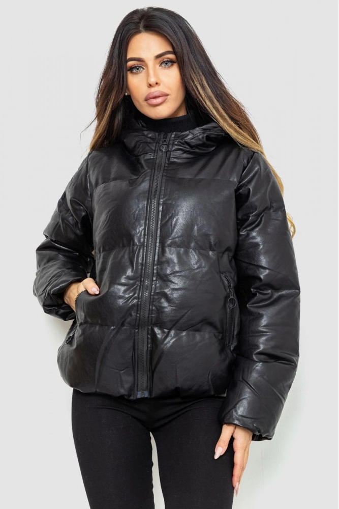 Купити Куртка жіноча з екошкіри на синтепоні, колір чорний, 129R0719 - Фото №1