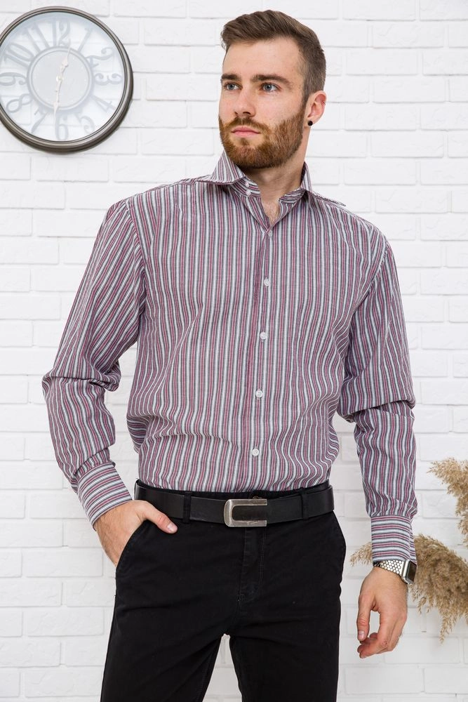 Купить Рубашка мужская вишневая в полоску, офисный стиль, 24#LS оптом - Фото №1