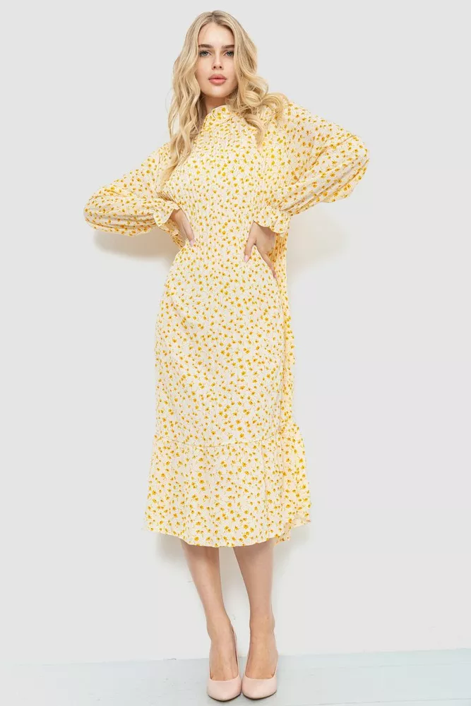 Купити Сукня вільного крою з квітковим принтом, колір молочно-гірчичний, 204R201 - Фото №1