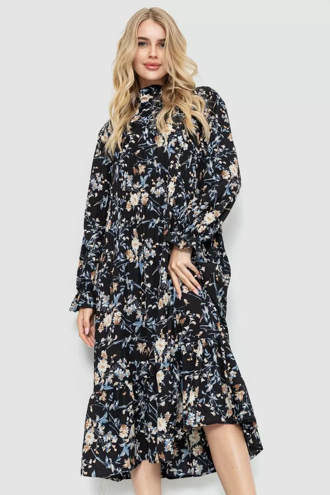 Купити Сукня вільного крою з квітковим принтом, колір чорно-бежевий, 204R201 оптом - Фото №1