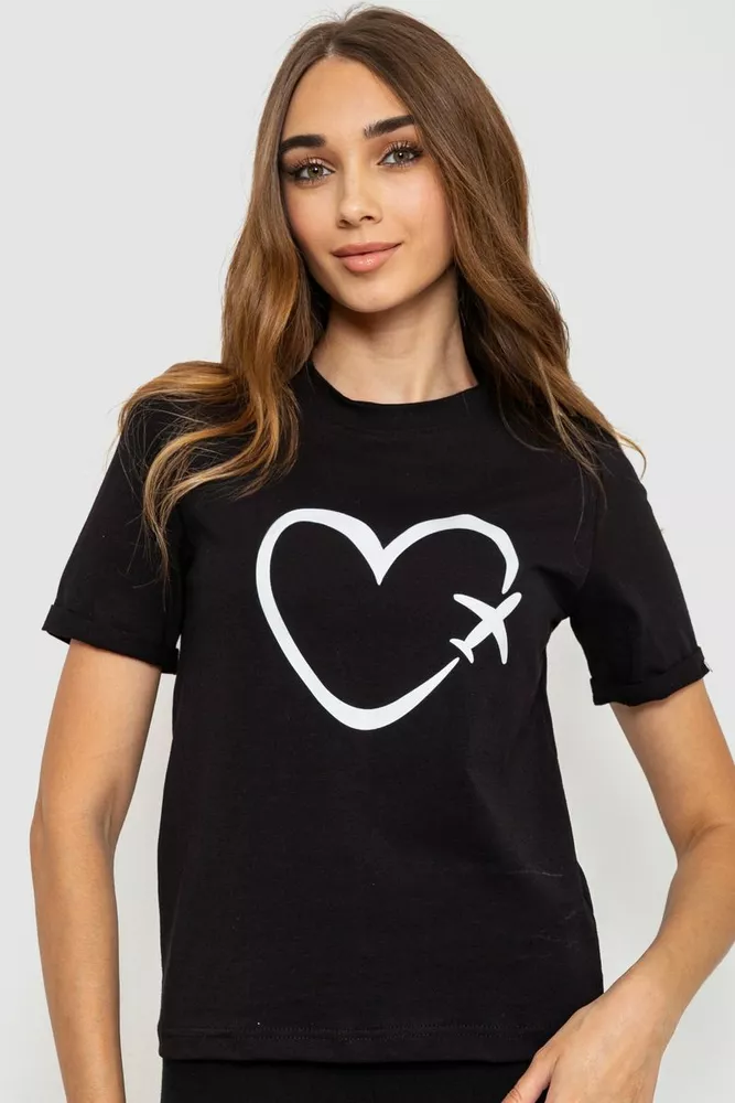 Купити Жіноча футболка з принтом, колір чорний, 241R121 - Фото №1