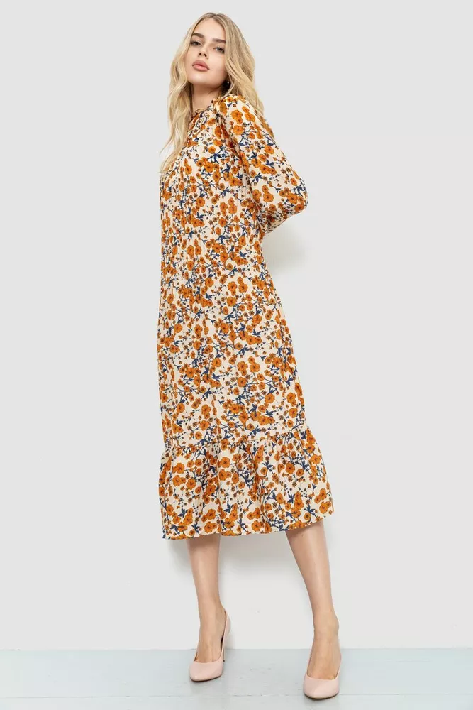 Купити Сукня вільного крою з квітковим принтом, колір бежево-гірчичний, 204R201 оптом - Фото №1