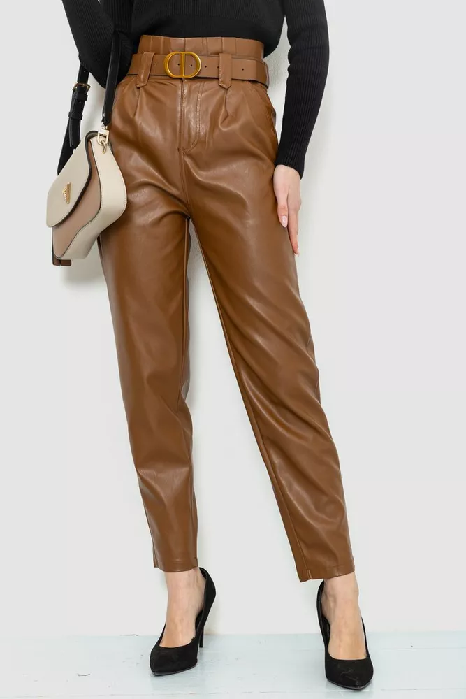 Купить Штаны женские из экокожи с ремнем, цвет коричневый, 186R5256 - Фото №1