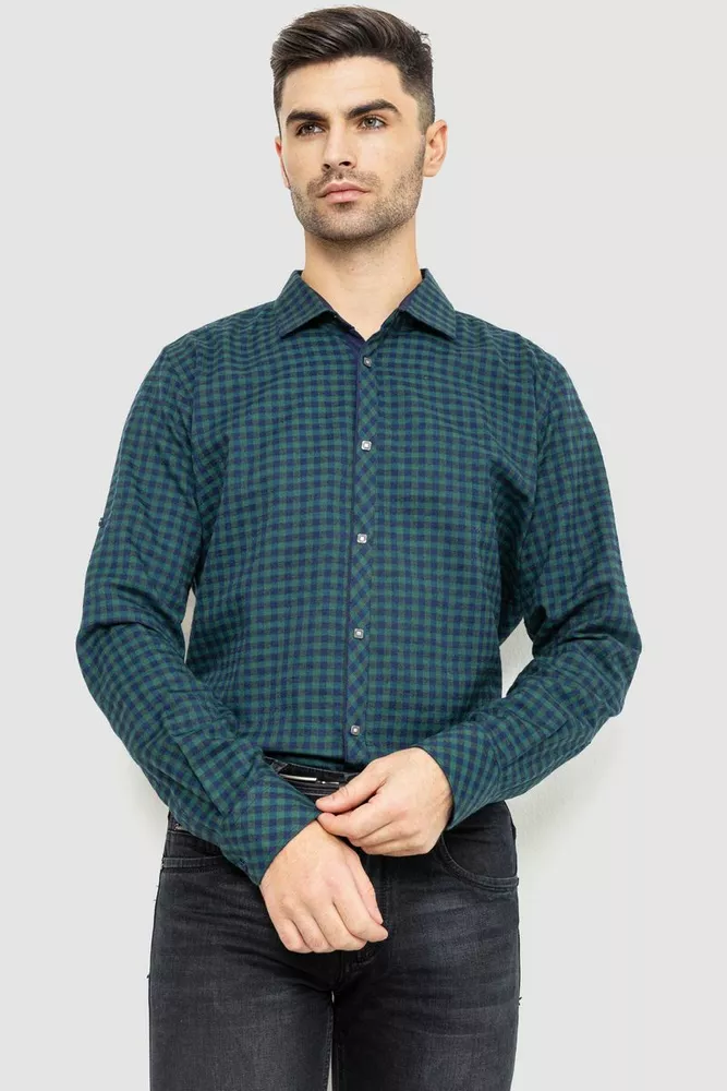 Купить Рубашка мужская в клетку байковая, цвет зелено-синий, 214R16-33-164 оптом - Фото №1