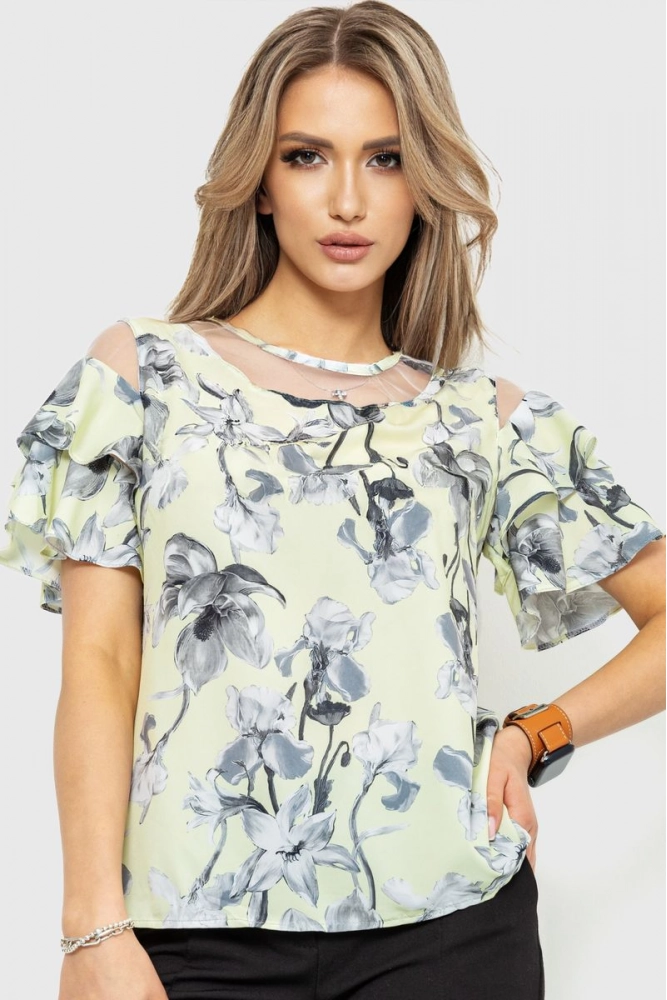 Купити Блуза з квітковим принтом, колір жовто-сірий, 230R151-3 оптом - Фото №1