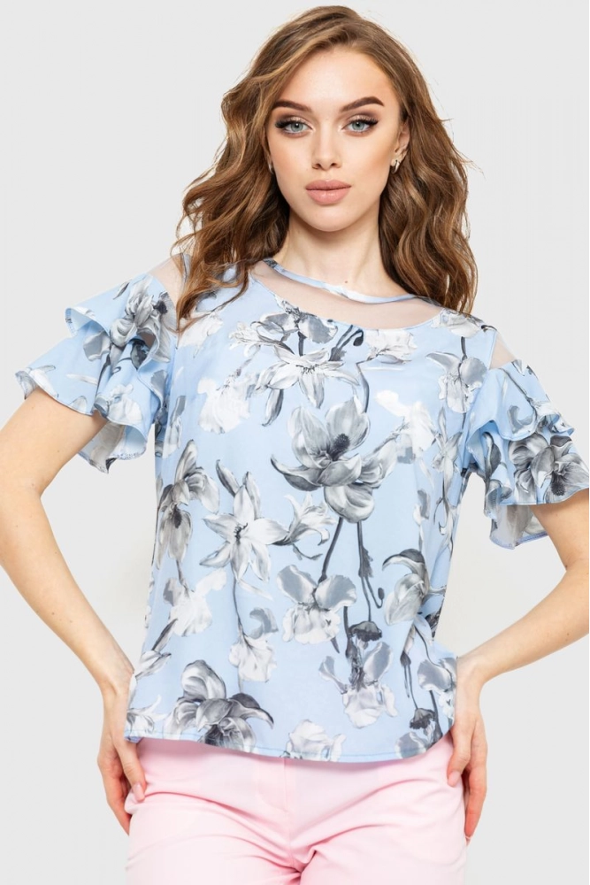 Купити Блуза з квітковим принтом, колір блакитний, 230R151-3 - Фото №1