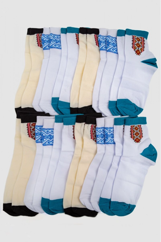 Купить Комплект носков женских, вышиванка 12 пар, цвет бело-бирюзовый;кремово-черный;синий;, 151R12B-49 оптом - Фото №1