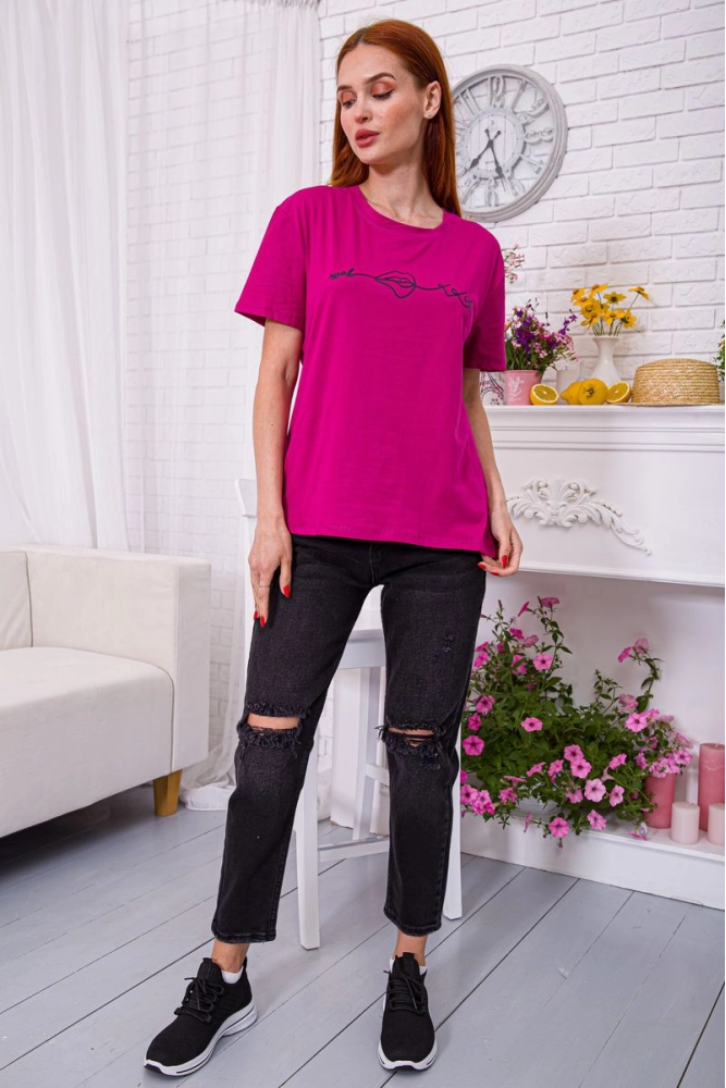 Купити Вільна жіноча футболка з принтом колір Фуксія 198R005 оптом - Фото №1
