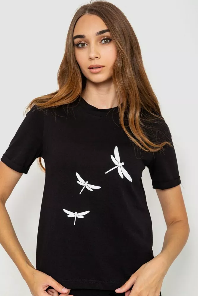 Купити Жіноча футболка з принтом, колір чорний, 241R120 - Фото №1