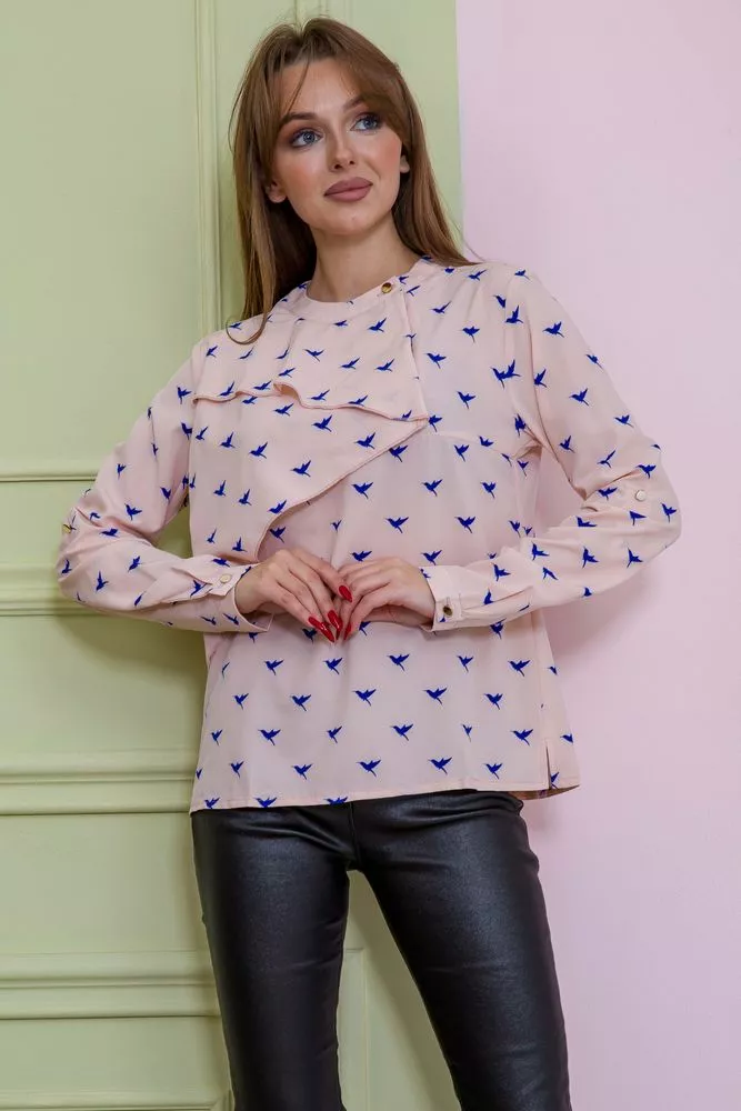 Купить Блуза с длинным рукавом, персикового цвета в принт, 115R248-2 - Фото №1