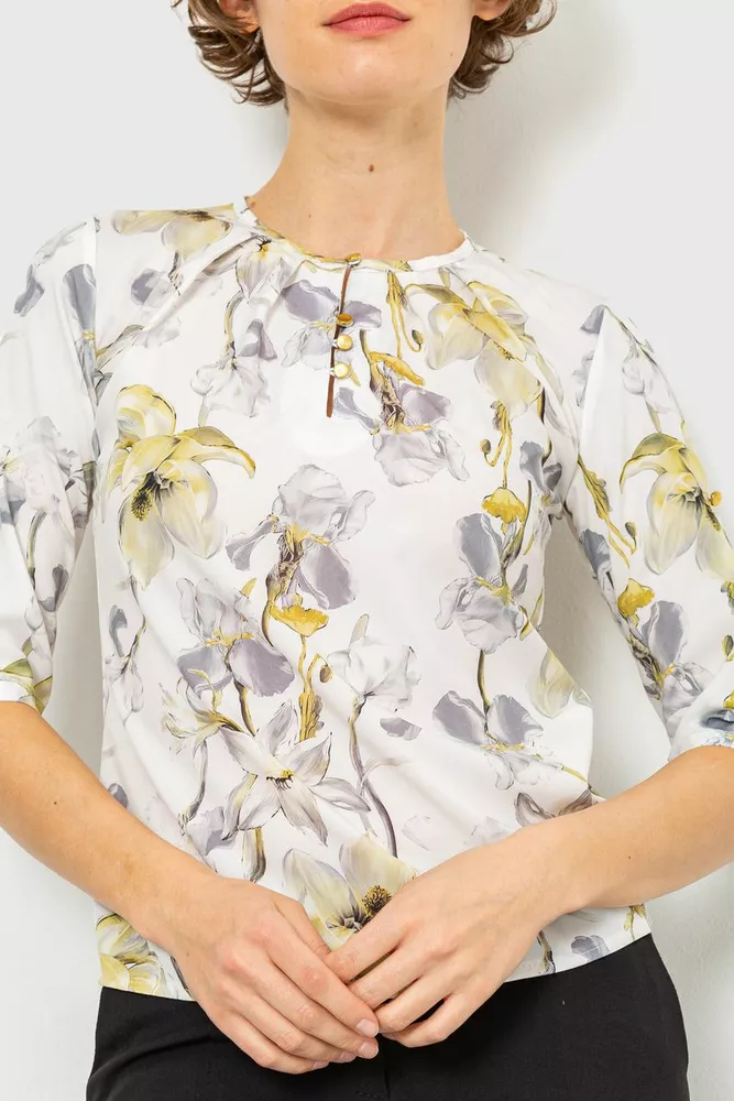 Купити Блуза з квітковим принтом, колір сіро-жовтий, 230R112-5 оптом - Фото №1