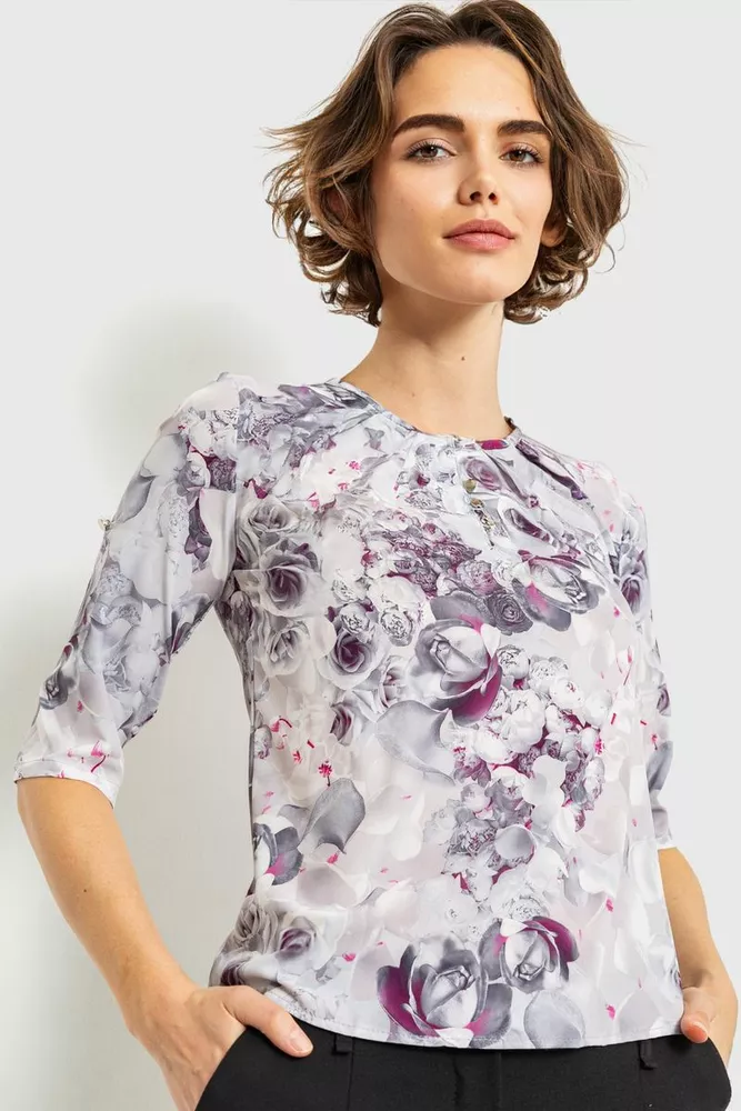 Купити Блуза з квітковим принтом, колір сіро-рожевий, 230R112-5 оптом - Фото №1