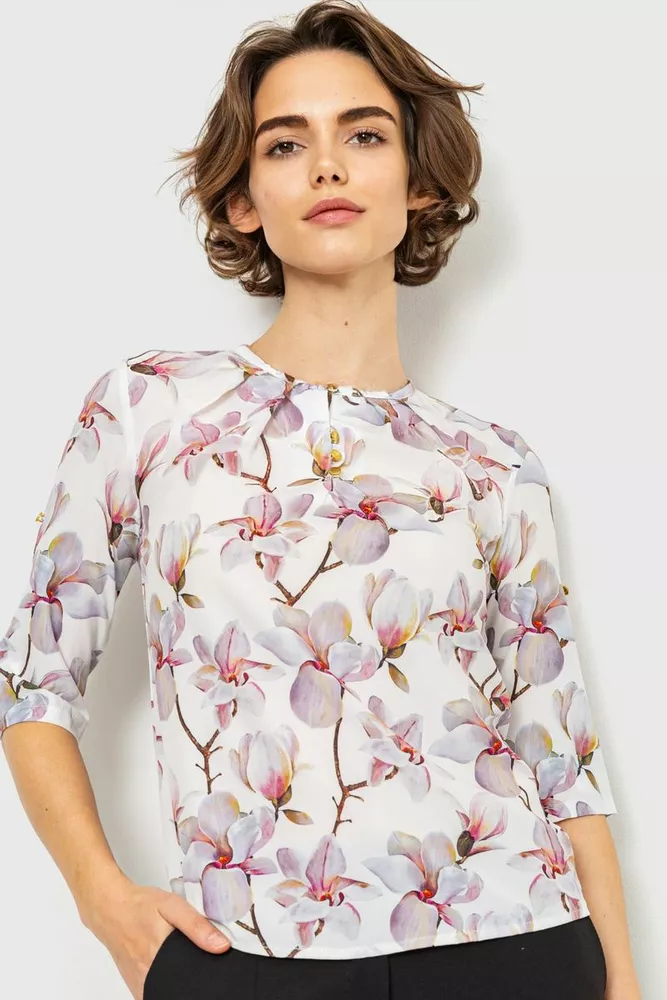 Купить Блуза с цветочным принтом, цвет серо-сиреневый, 230R112-5 оптом - Фото №1