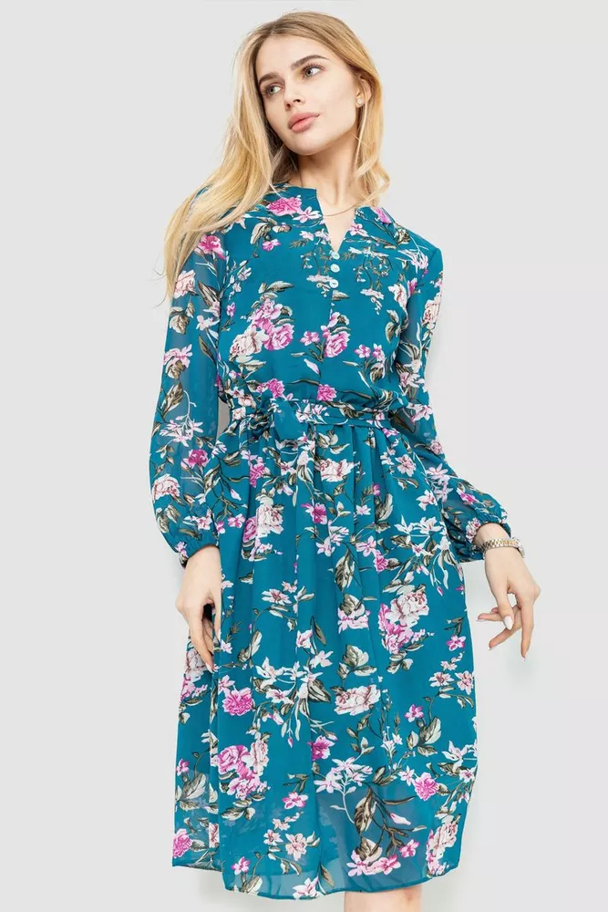 Купить Платье с цветочным принтом, цвет изумрудный, 230R006-18 - Фото №1