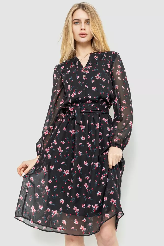 Купити Сукня з квітковим принтом, колір чорно-рожевий, 230R006-18 - Фото №1