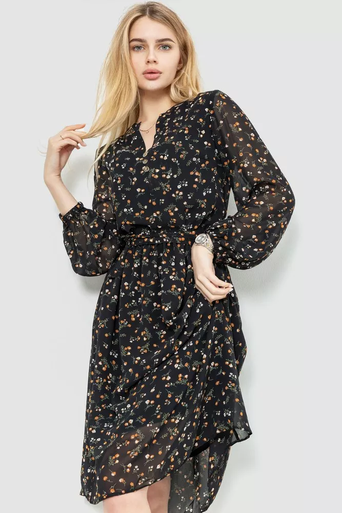 Купити Сукня з квітковим принтом, колір чорно-бежевий, 230R006-18 - Фото №1