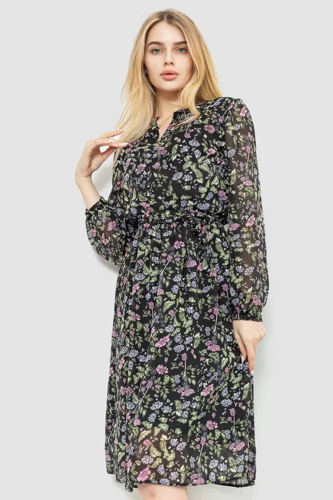 Купити Сукня з квітковим принтом, колір чорно-пудровий, 230R006-18 - Фото №1