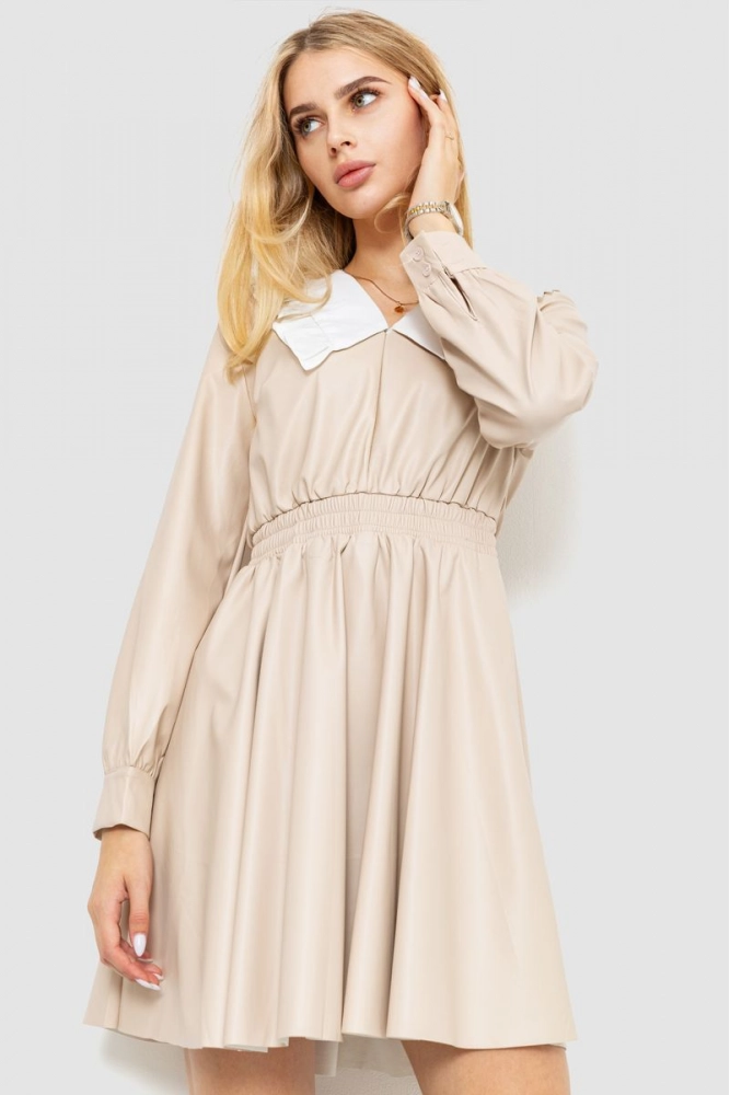 Купити Сукня ошатна з екошкіри, колір бежевий, 214R3889 - Фото №1