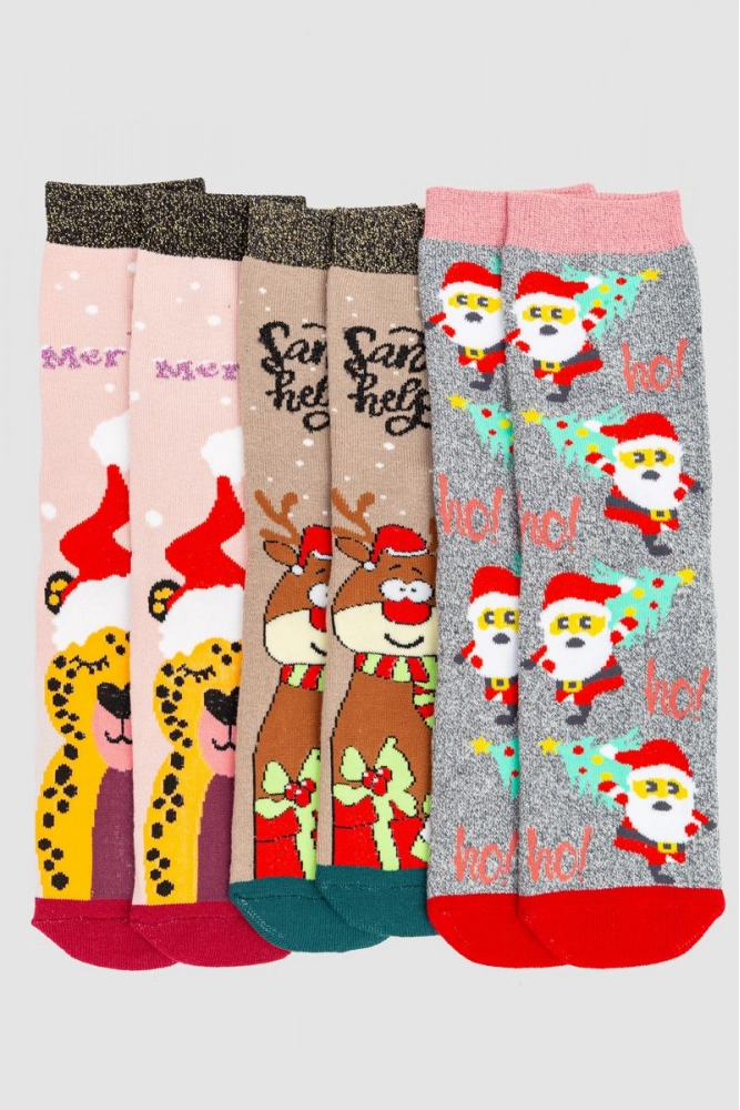 Купити Комплект жіночих шкарпеток новорічних 3 пари, колір бежевий, рожевий, сірий, 151R268 оптом - Фото №1