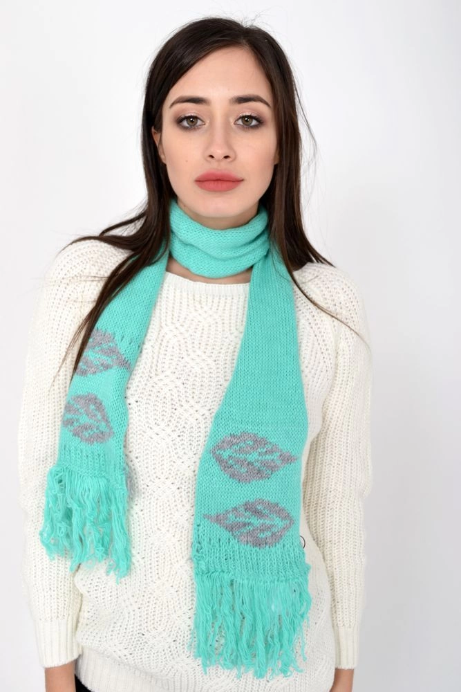 Купити Изумрудно-серый шарф женский, вязаный с рисунком листья 103R067 - Фото №1