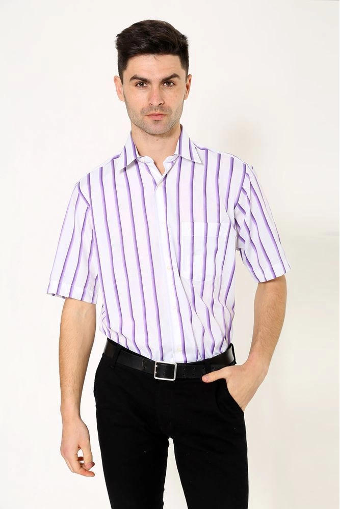 Купить Рубашка мужская белая с сиреневой полоской 113ROM98 - Фото №1