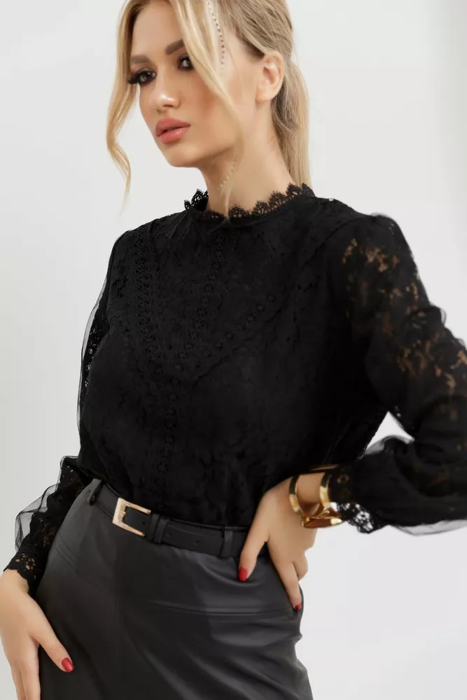 Купити Блуза жіноча гіпюрова, колір чорний, 204R004 - Фото №1
