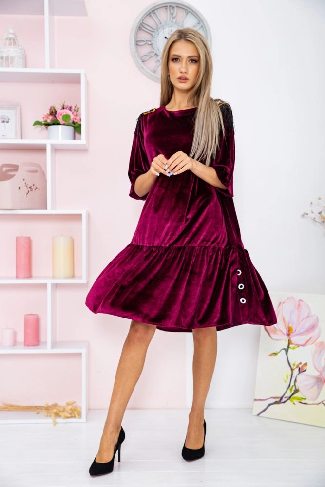 Купити Ошатна велюрова сукня вільного крою колір Бордовий 167R1677 - Фото №1