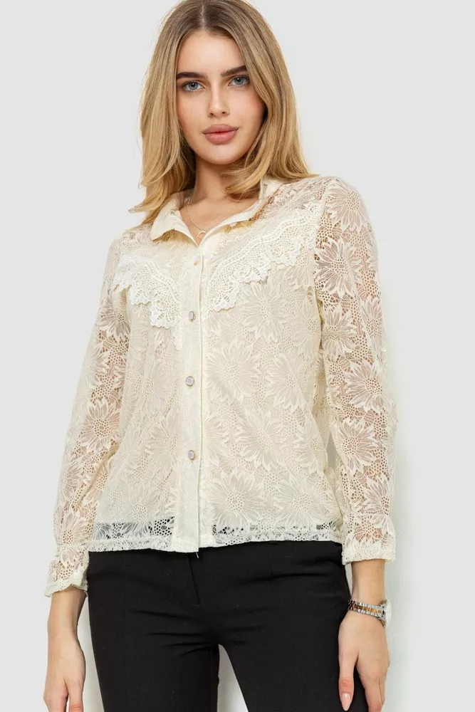 Купити Блуза жіноча на гудзиках гіпюрова, колір кремовий, 204R157 оптом - Фото №1