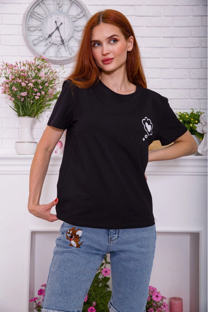 Купити Вільна жіноча футболка чорного кольору з принтом 198R013 - Фото №1