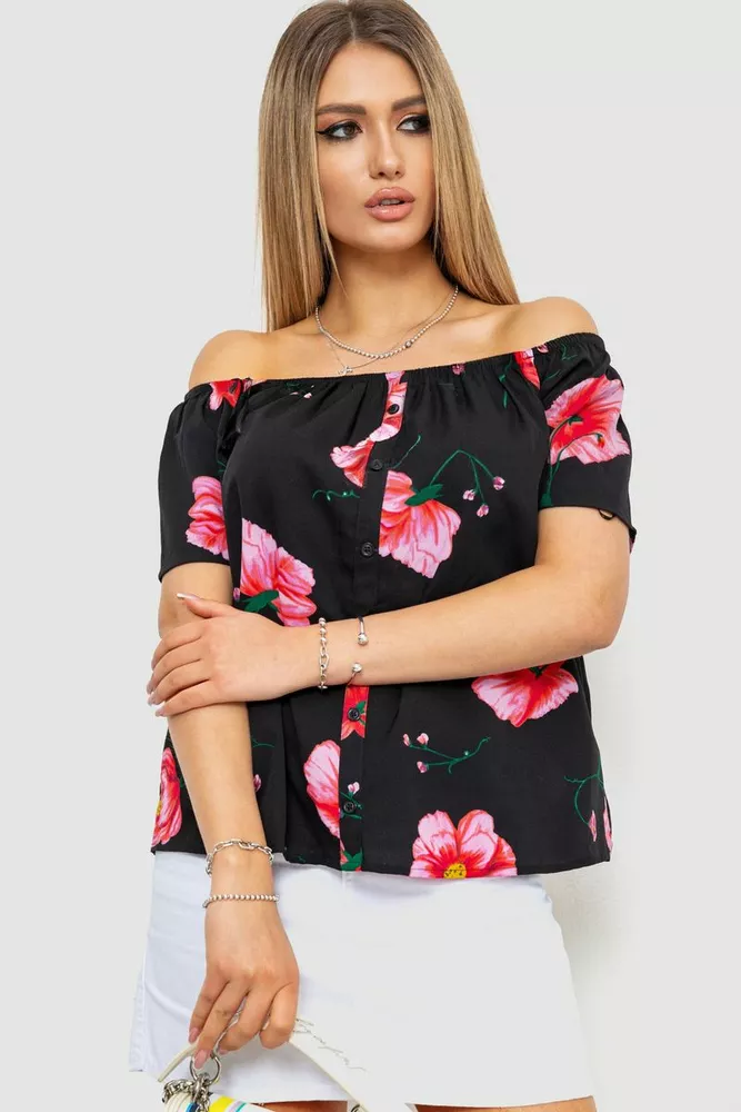 Купити Блуза з квітковим принтом, колір чорно-рожевий, 244R088 - Фото №1