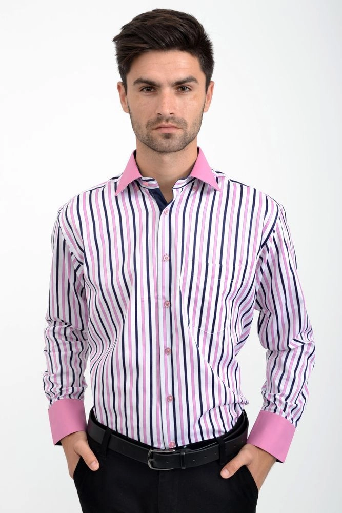 Купить Рубашка мужская, бело-розовая в полоску, 9022-4 оптом - Фото №1