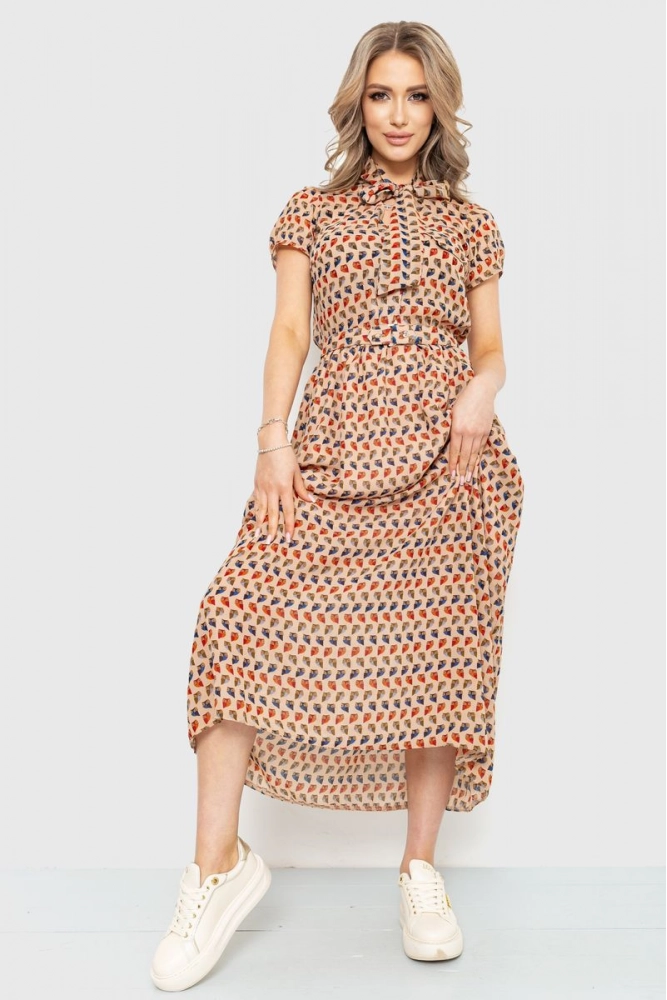 Купити Сукня з поясом, колір бежево-коричневий, 230R027-6 - Фото №1