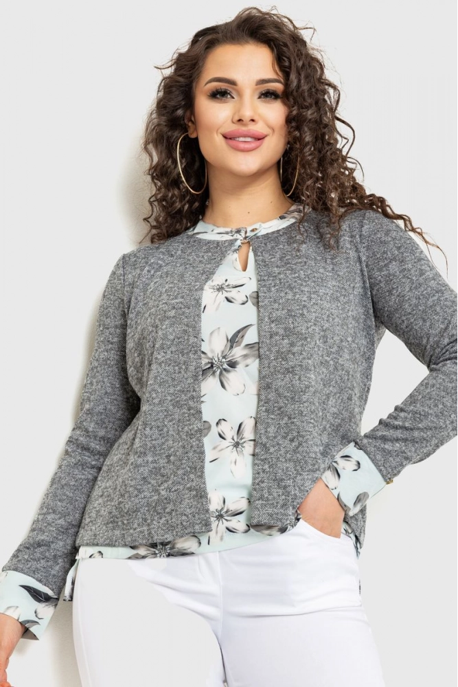 Купити Блуза жіноча обманка, колір сіро-бірюзовий, 230R53-7 оптом - Фото №1