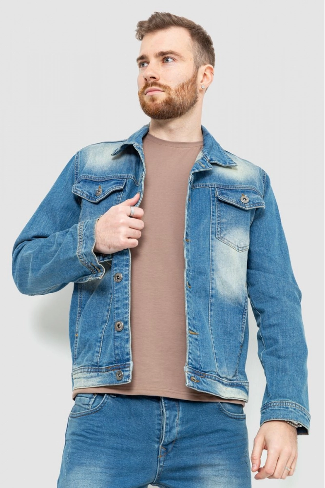 Купити Куртка чоловіча джинсова з потертостями, колір синій, 157R2009 оптом - Фото №1