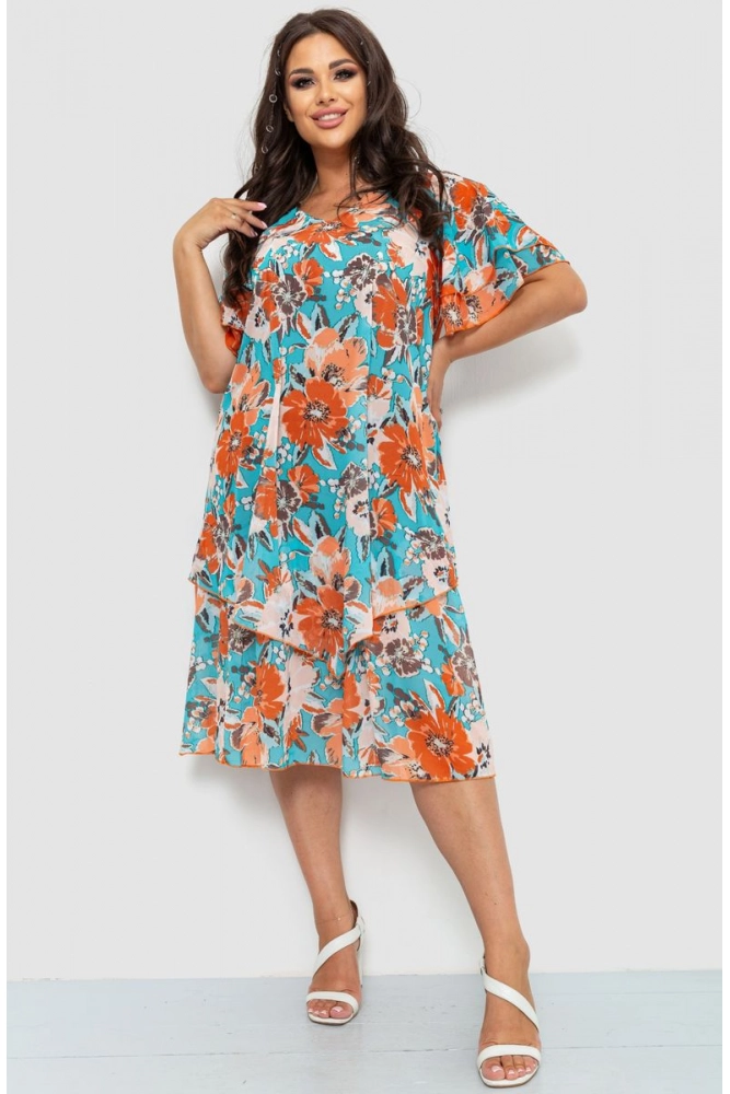 Купить Платье шифоновое свободного кроя, цвет бирюзово-оранжевый, 183R681 - Фото №1